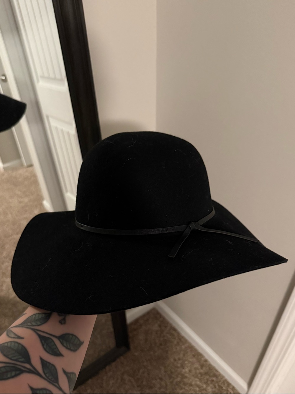 a new day Black Wide-Brim Floppy Hat with Ribbon Trim